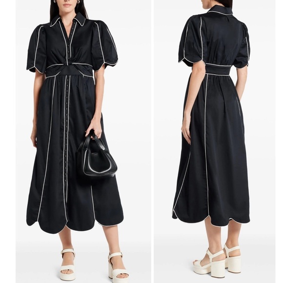 Farm Rio Contrasting-Trim Puff Short Sleeve Button Down Midi Dress Small NEW - Picture 9 of 16